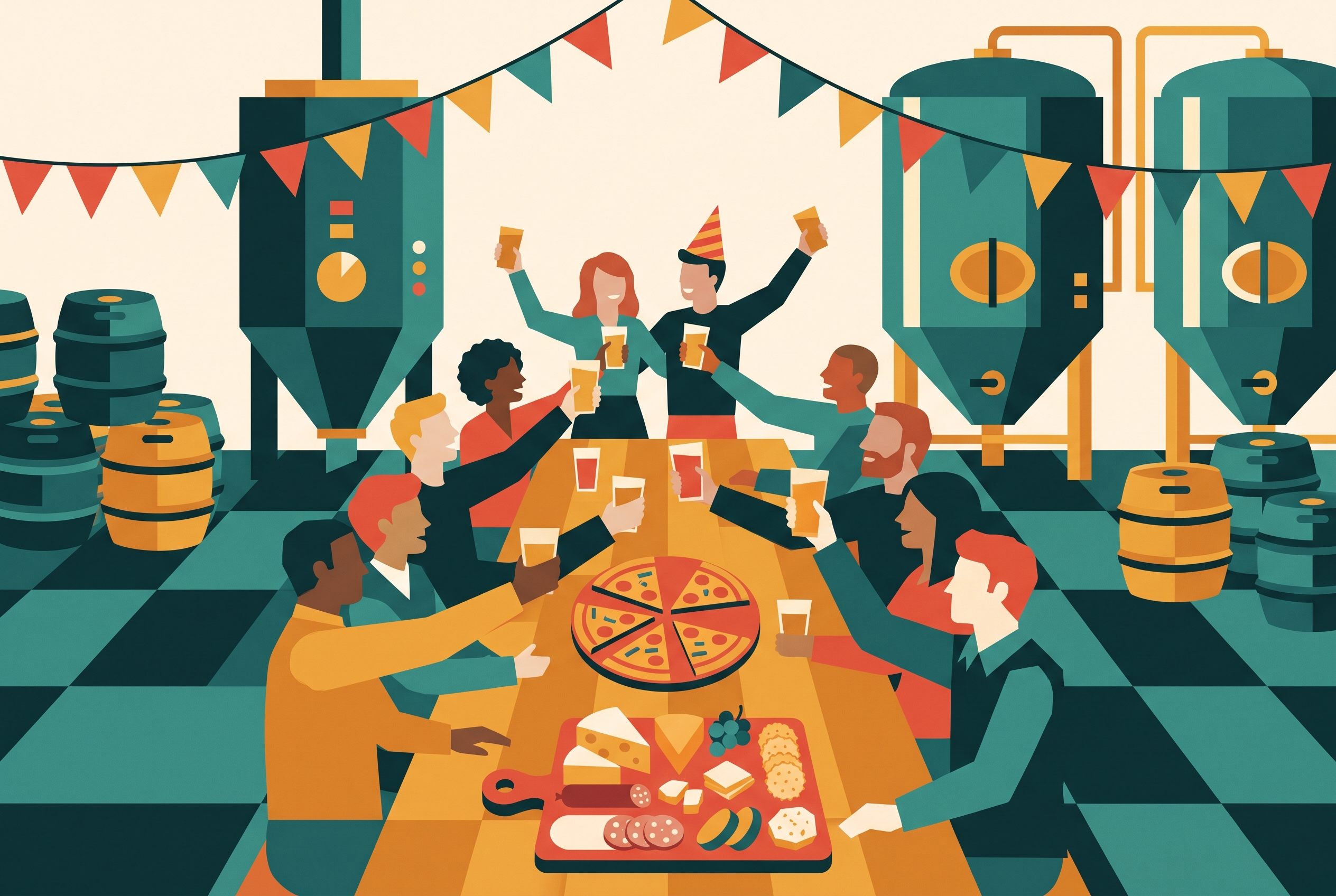 Illustration of a private group celebrating with beer around a long table in a brewery taproom