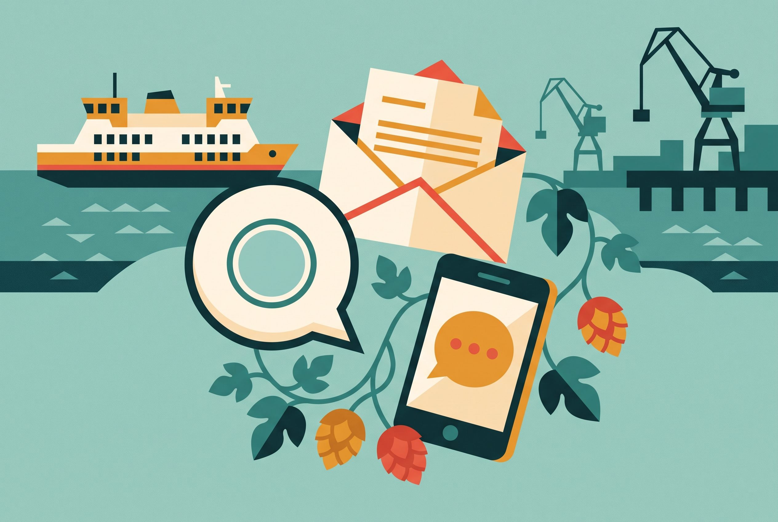Illustration of an envelope, speech bubble and phone over the Bristol harbour