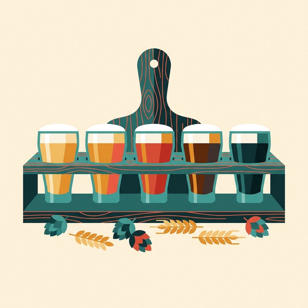 Illustration of a tasting paddle holding five third-pint glasses of beer from pale gold to stout