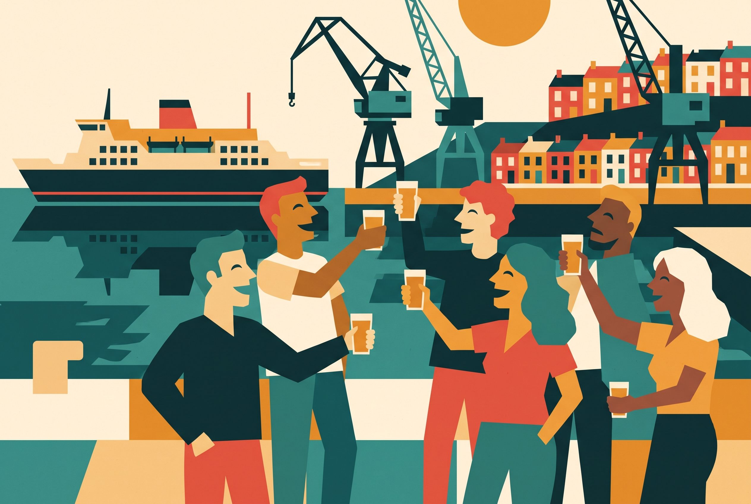 Illustration of a group raising tasting glasses together on the Bristol harbourside