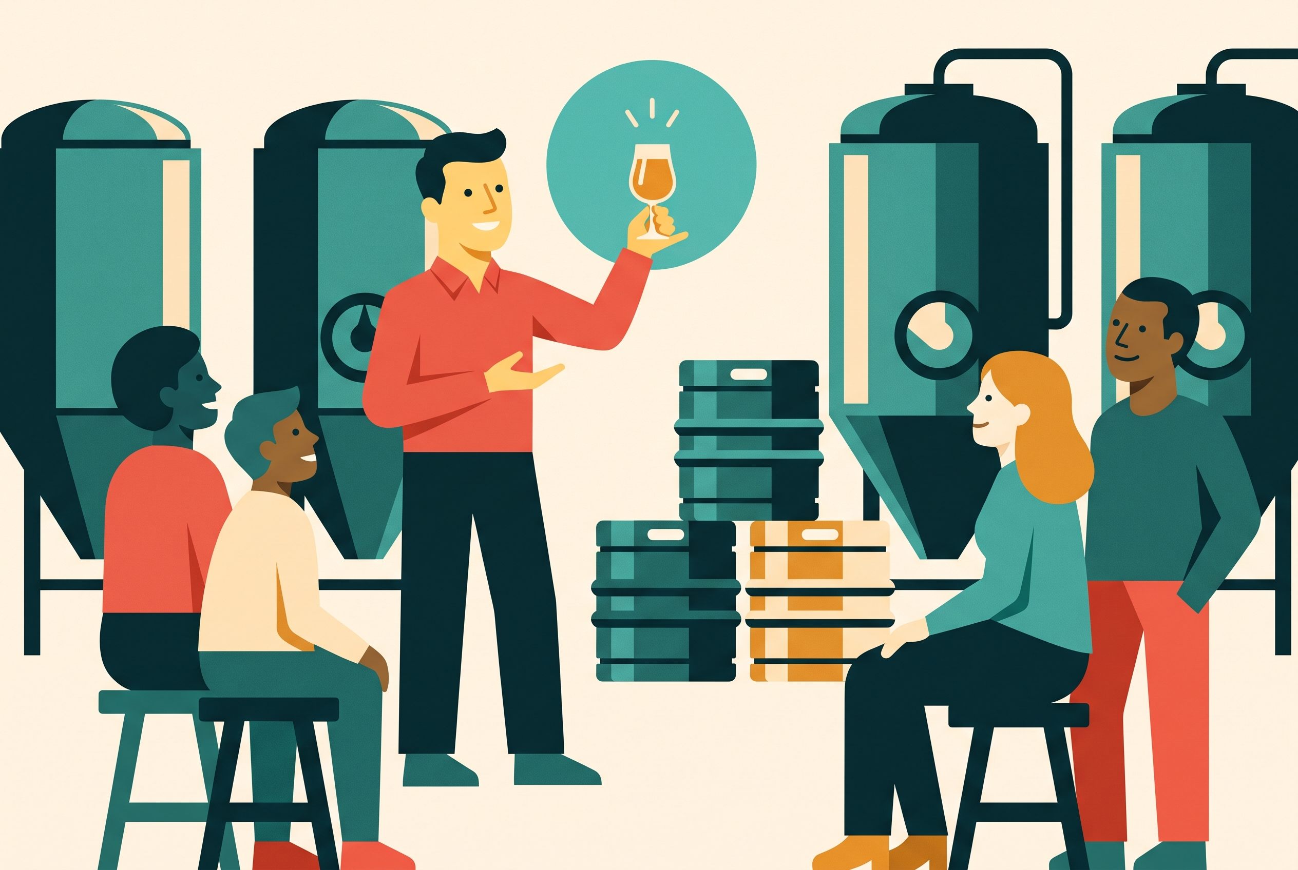 Illustration of a beer guide explaining a tasting to a small group in a brewery taproom