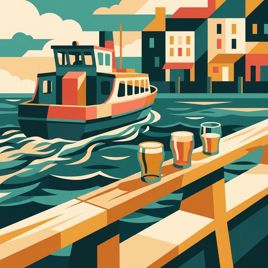 Illustration of a ferry on Bristol's harbour with tasting glasses of beer on the rail