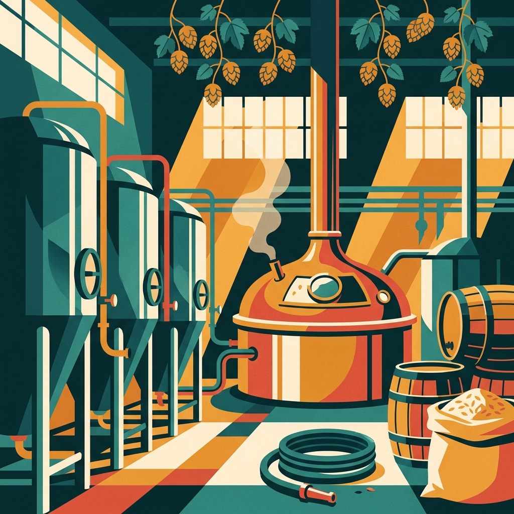 Illustration of a brewhouse with fermentation tanks and a copper mash tun